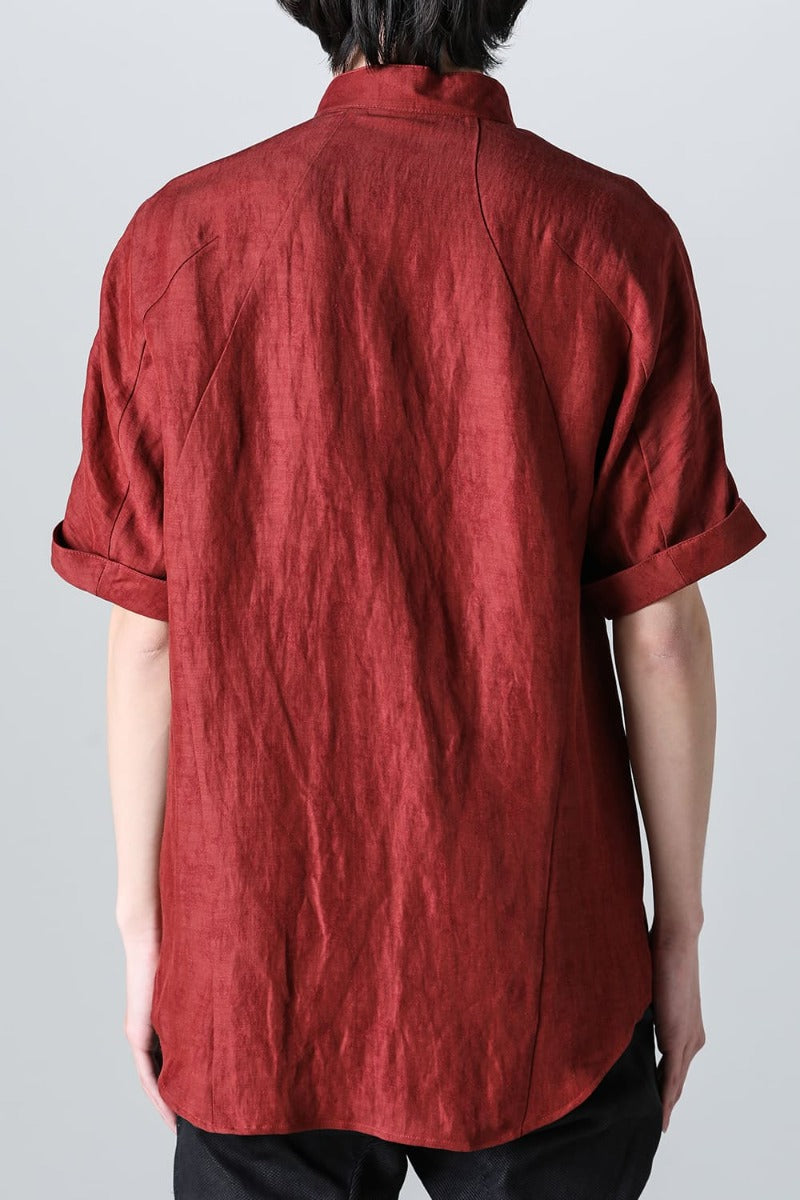Linen And Rayon Salt Shrink-Dyed Short-Sleeved Banded Collar Shirt Brick