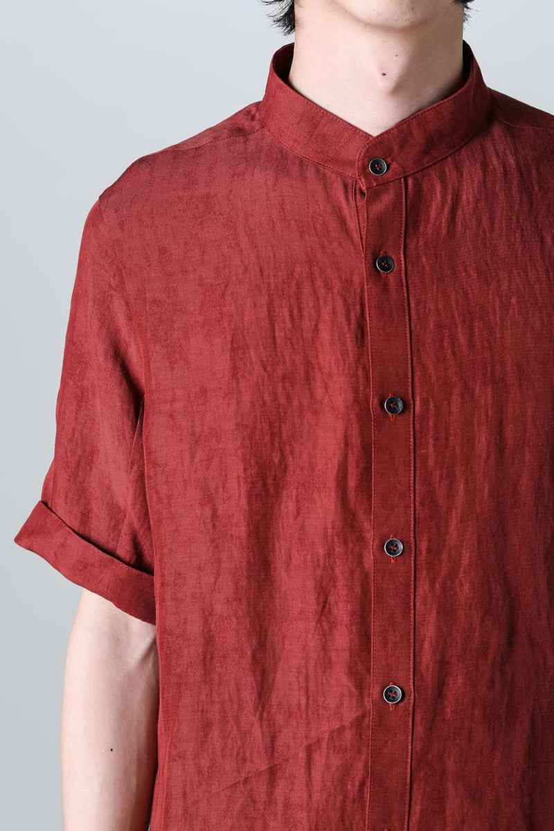 Linen And Rayon Salt Shrink-Dyed Short-Sleeved Banded Collar Shirt Brick