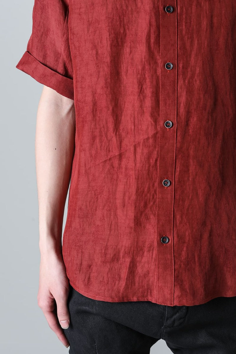 Linen And Rayon Salt Shrink-Dyed Short-Sleeved Banded Collar Shirt Brick