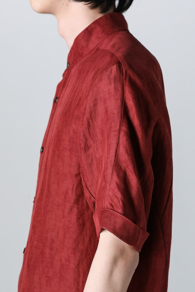 Linen And Rayon Salt Shrink-Dyed Short-Sleeved Banded Collar Shirt Brick