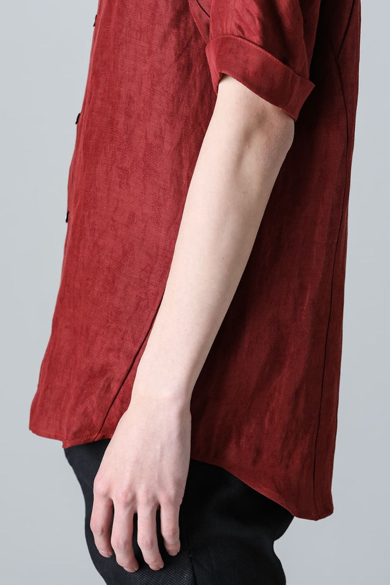 Linen And Rayon Salt Shrink-Dyed Short-Sleeved Banded Collar Shirt Brick
