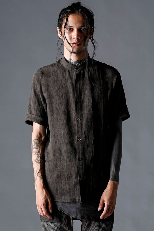 Linen And Rayon Salt Shrink-Dyed Short-Sleeved Banded Collar Shirt Charcoal