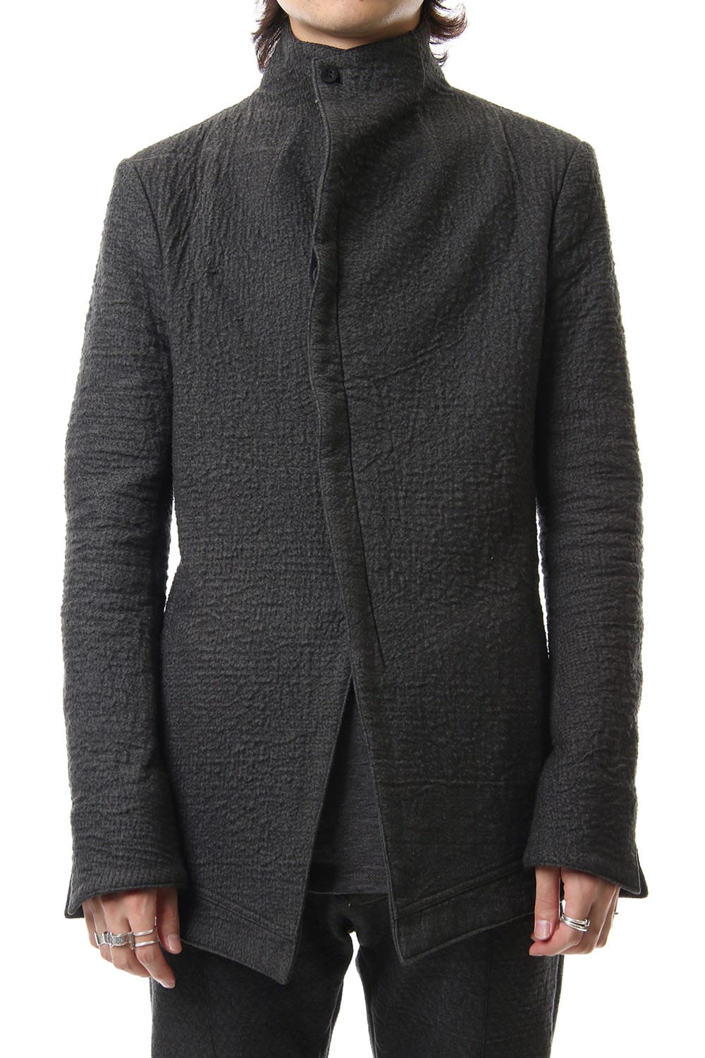 Hand dyed linen x Fleece needle punch High neck jacket Charcoal - ST104-0049A
