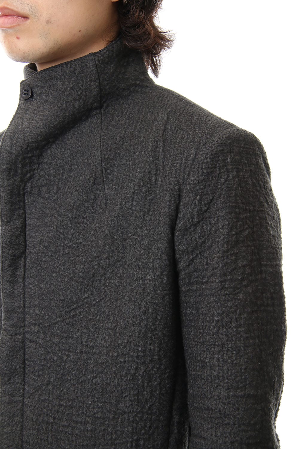 Hand dyed linen x Fleece needle punch High neck jacket Charcoal - ST104-0049A