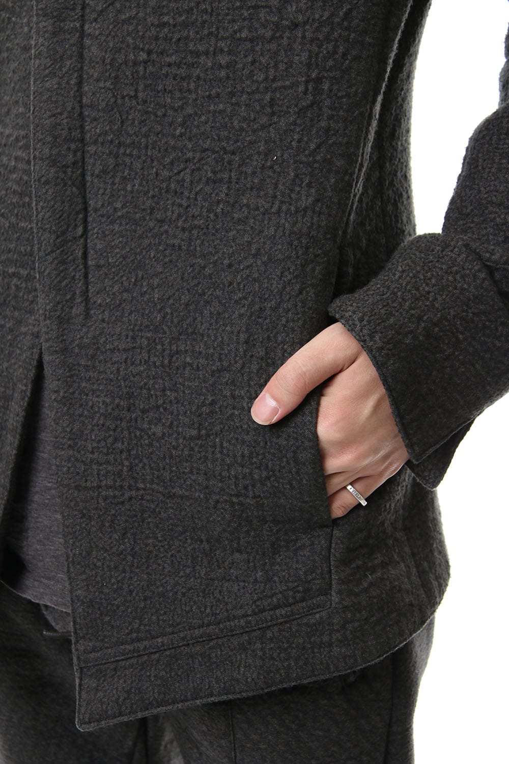 Hand dyed linen x Fleece needle punch High neck jacket Charcoal - ST104-0049A