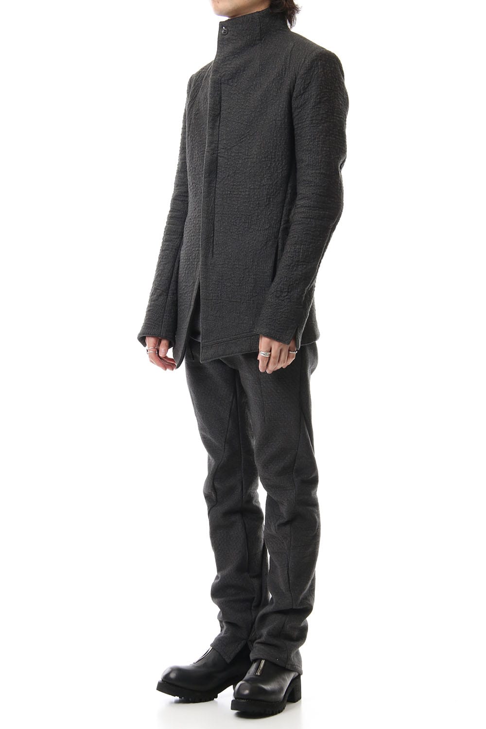 Hand dyed linen x Fleece needle punch High neck jacket Charcoal - ST104-0049A