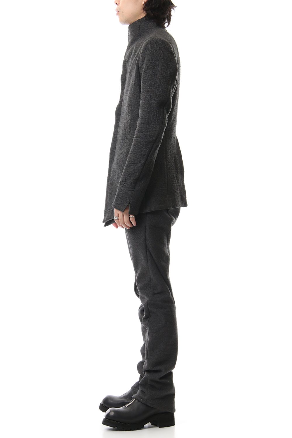 Hand dyed linen x Fleece needle punch High neck jacket Charcoal - ST104-0049A