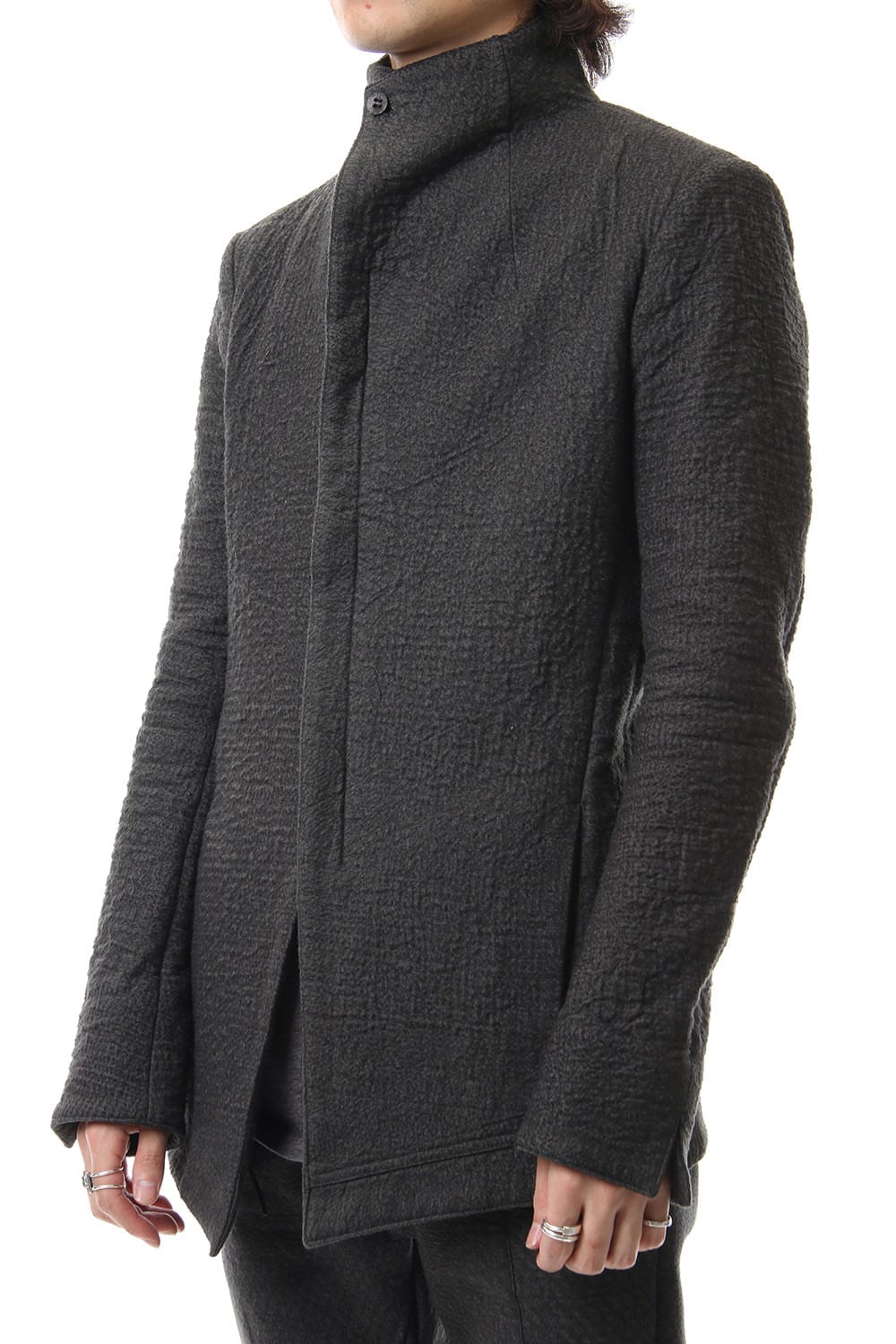 Hand dyed linen x Fleece needle punch High neck jacket Charcoal - ST104-0049A