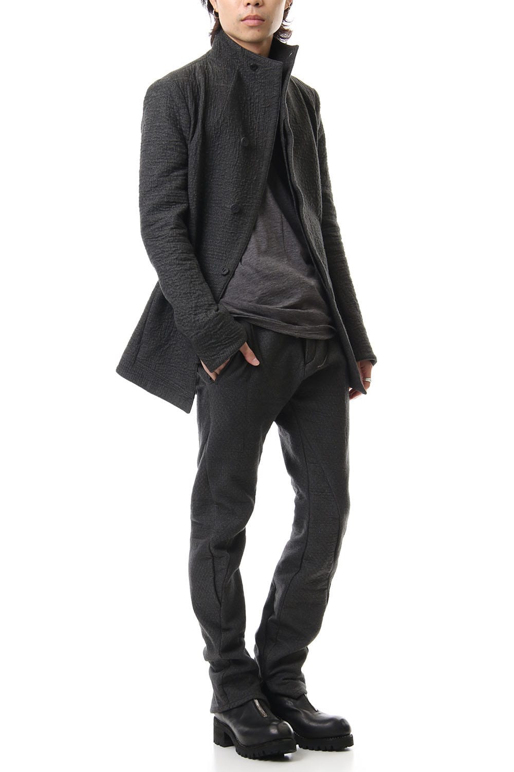 Hand dyed linen x Fleece needle punch High neck jacket Charcoal - ST104-0049A