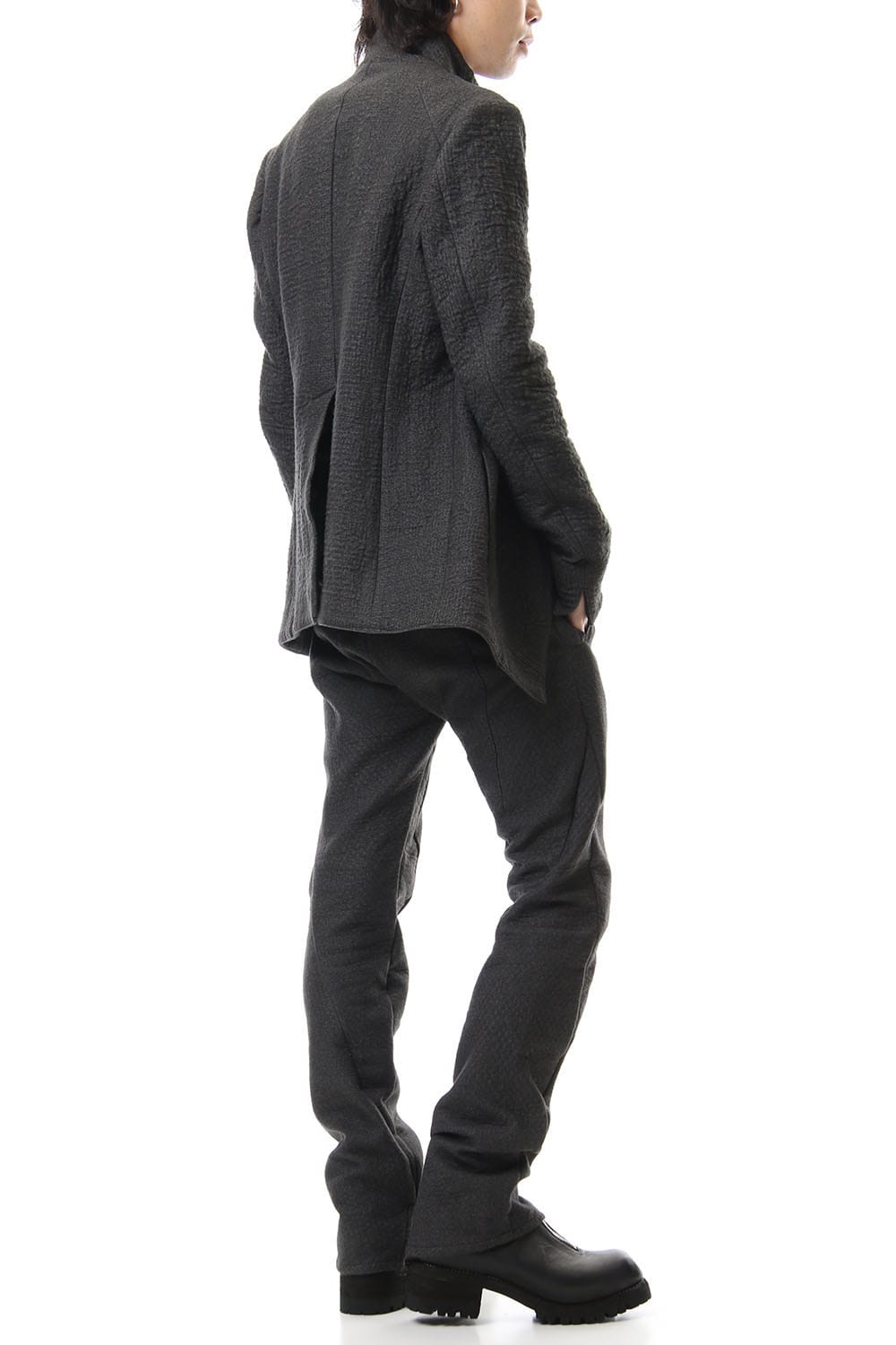 Hand dyed linen x Fleece needle punch High neck jacket Charcoal - ST104-0049A