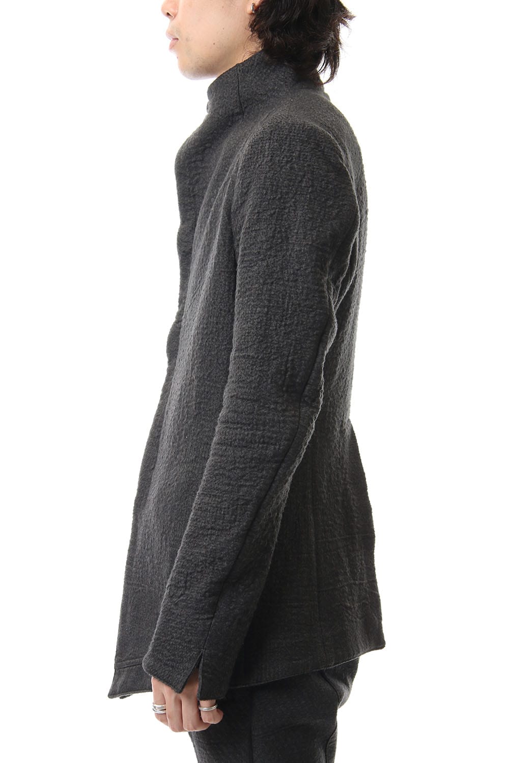 Hand dyed linen x Fleece needle punch High neck jacket Charcoal - ST104-0049A