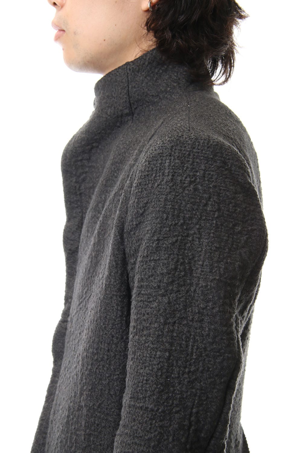 Hand dyed linen x Fleece needle punch High neck jacket Charcoal - ST104-0049A