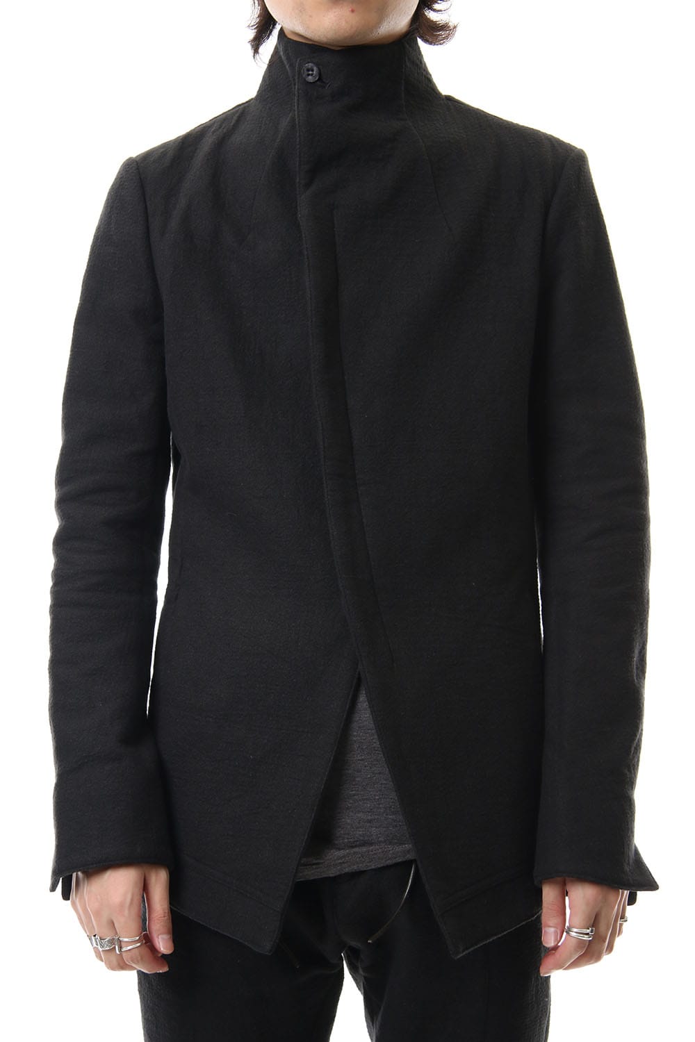 Hand dyed linen x Fleece needle punch High neck jacket Black - ST104-0049A