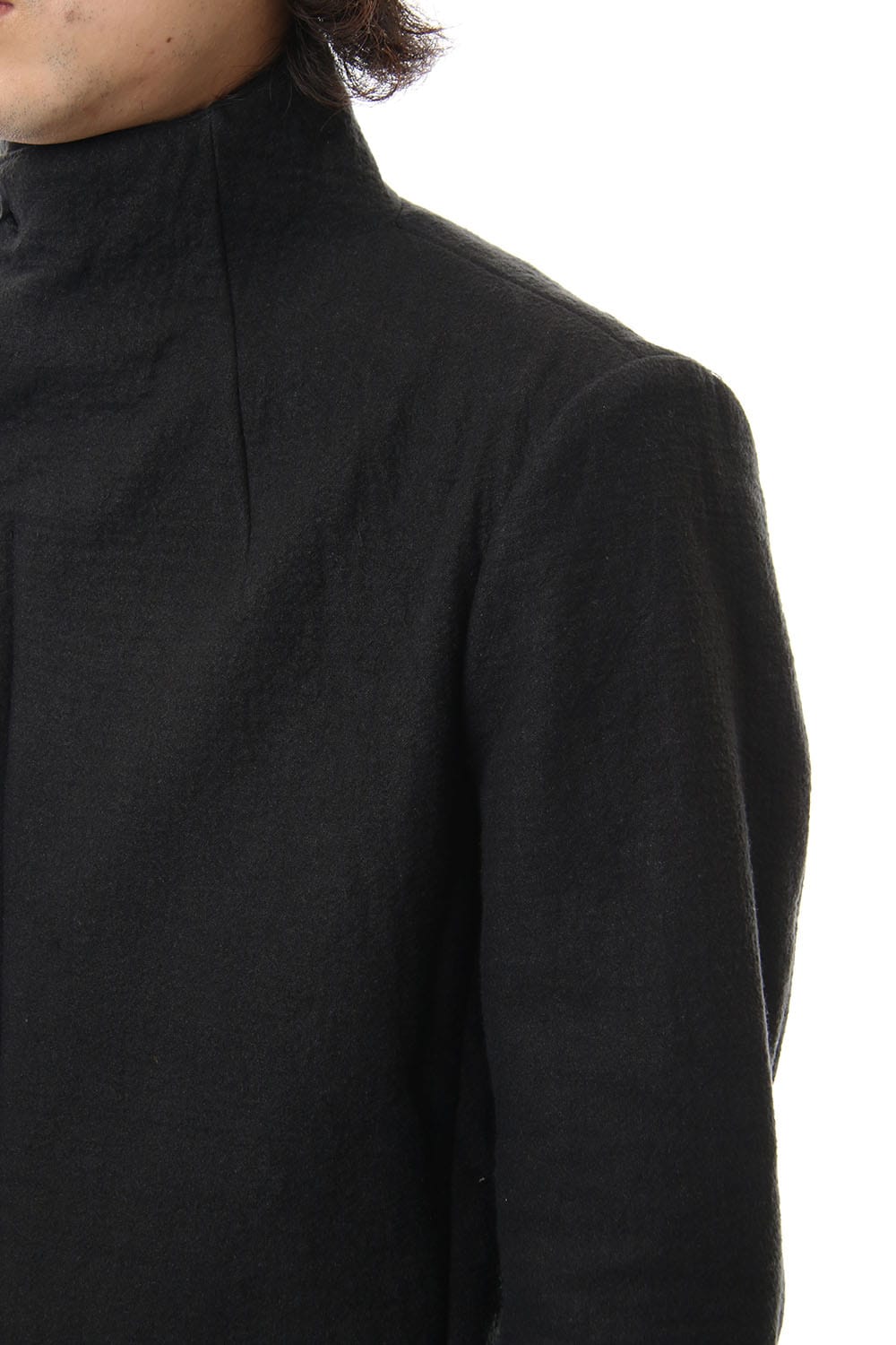 Hand dyed linen x Fleece needle punch High neck jacket Black - ST104-0049A