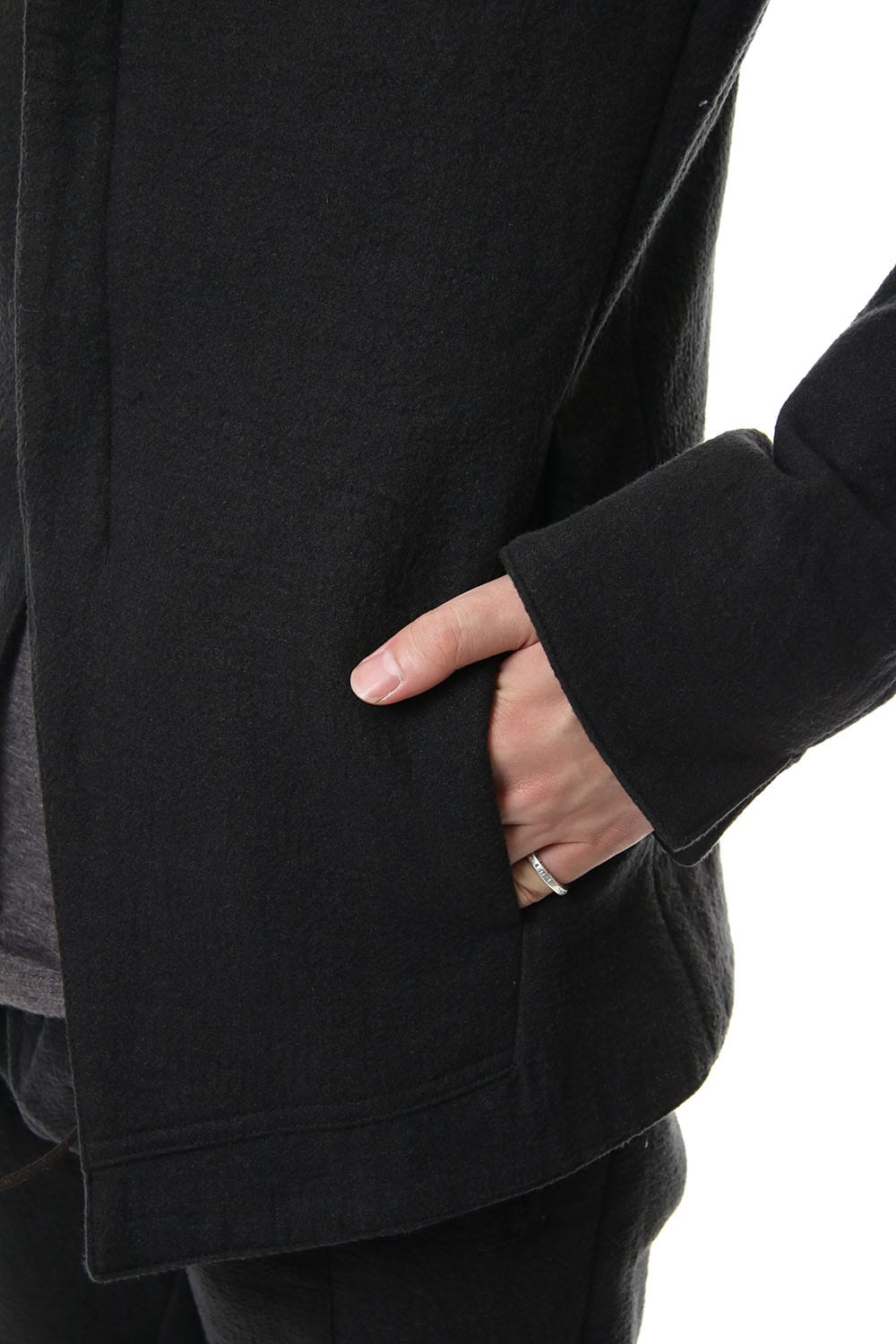 Hand dyed linen x Fleece needle punch High neck jacket Black - ST104-0049A