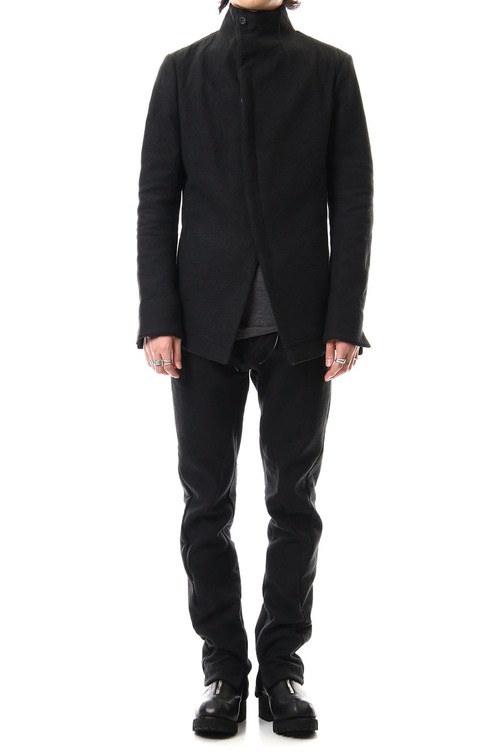 Hand dyed linen x Fleece needle punch High neck jacket Black - ST104-0049A