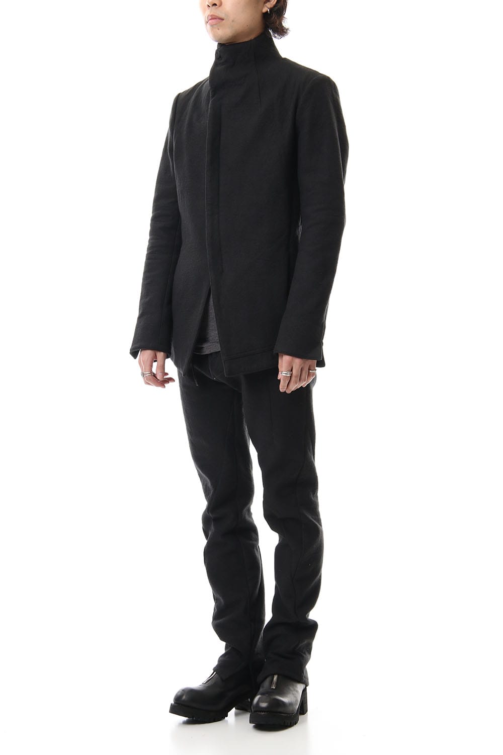 Hand dyed linen x Fleece needle punch High neck jacket Black - ST104-0049A