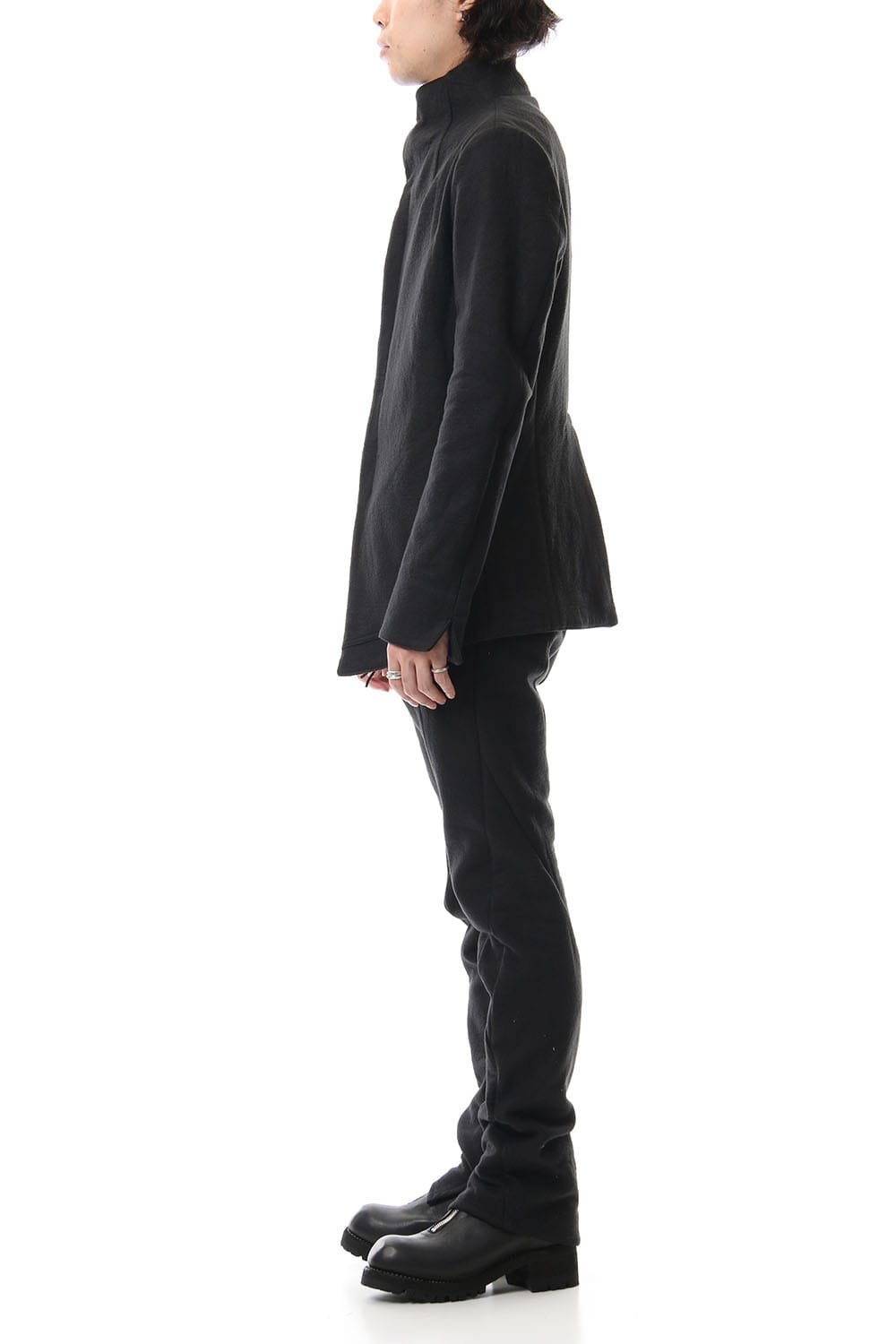 Hand dyed linen x Fleece needle punch High neck jacket Black - ST104-0049A