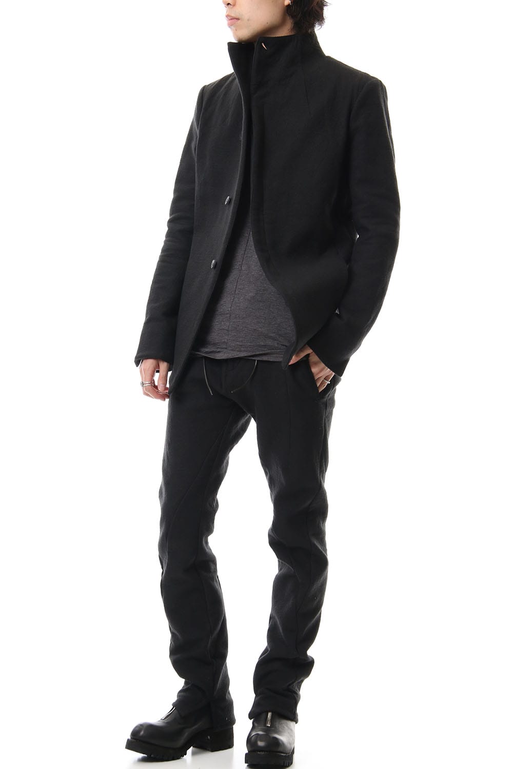 Hand dyed linen x Fleece needle punch High neck jacket Black - ST104-0049A