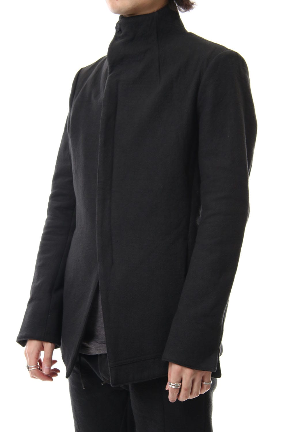 Hand dyed linen x Fleece needle punch High neck jacket Black - ST104-0049A