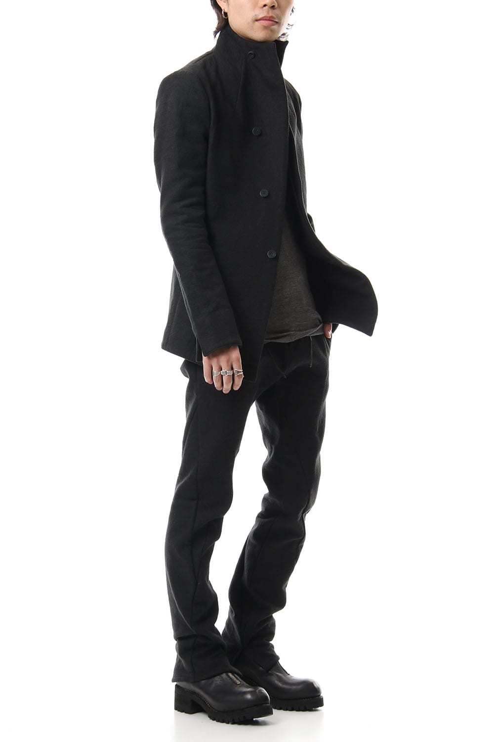 Hand dyed linen x Fleece needle punch High neck jacket Black - ST104-0049A