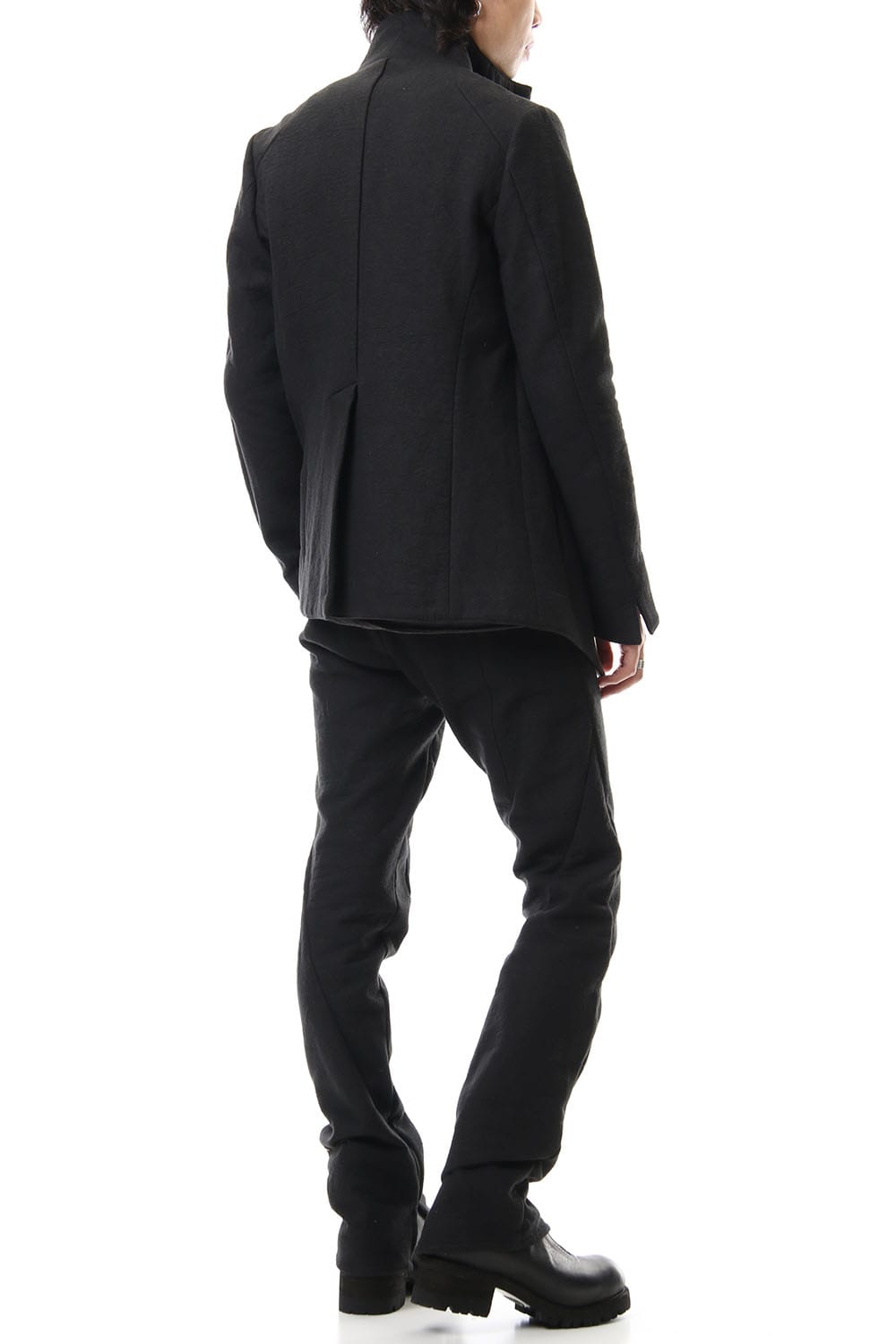 Hand dyed linen x Fleece needle punch High neck jacket Black - ST104-0049A