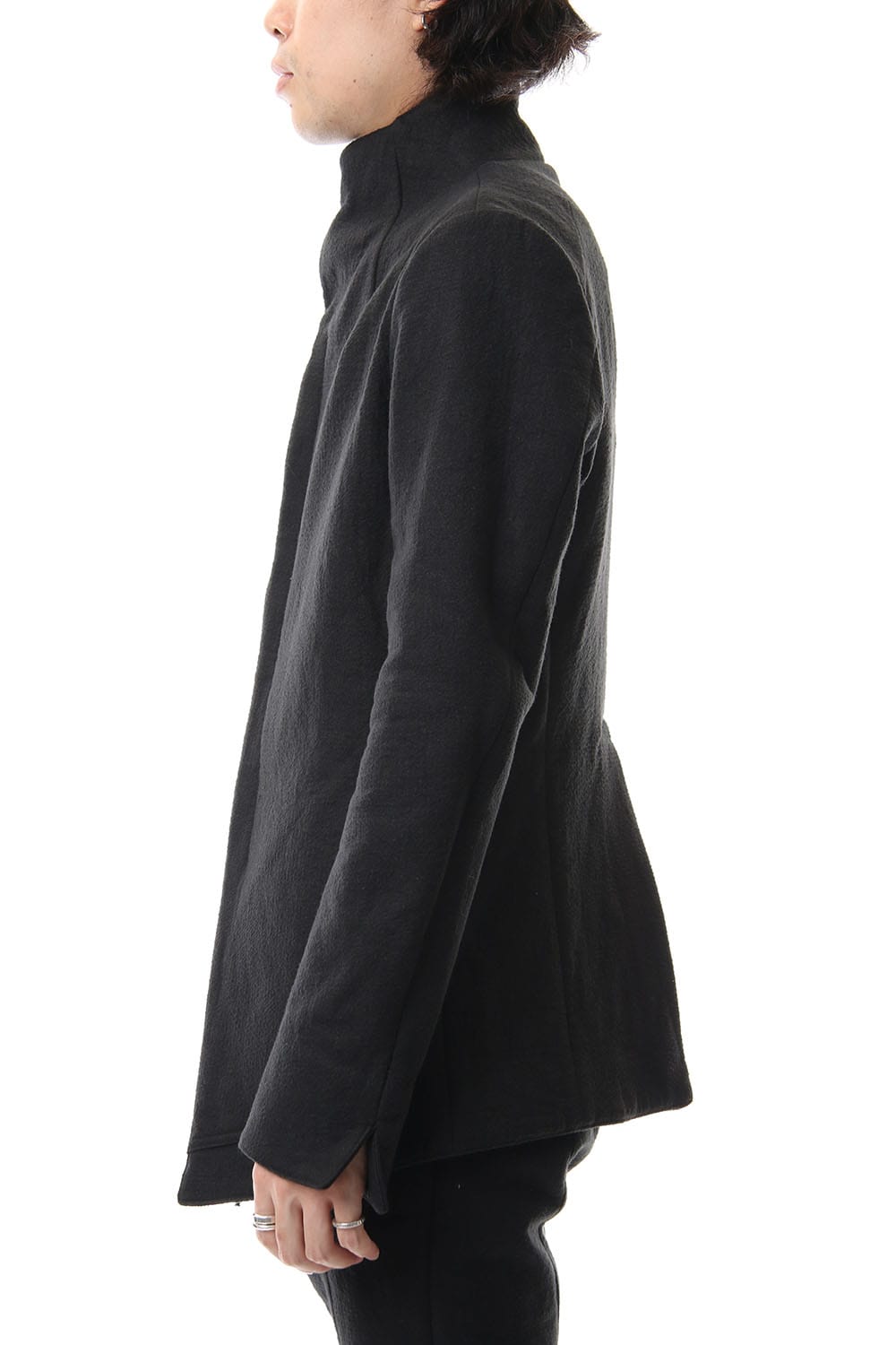 Hand dyed linen x Fleece needle punch High neck jacket Black - ST104-0049A