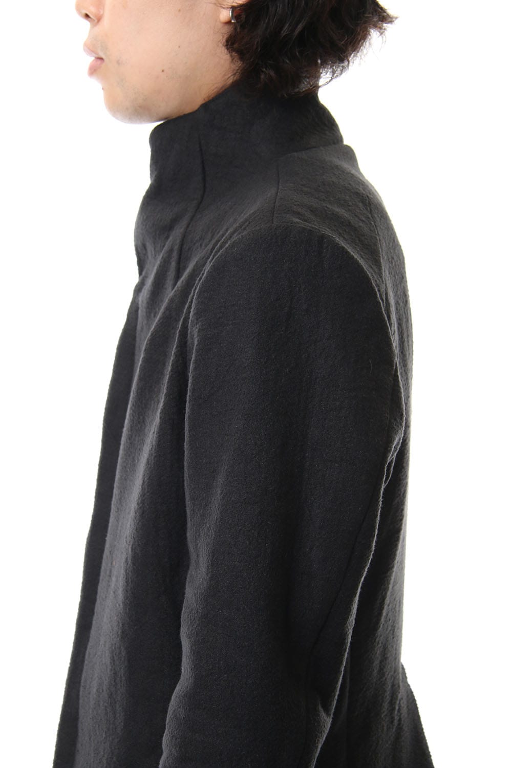 Hand dyed linen x Fleece needle punch High neck jacket Black - ST104-0049A