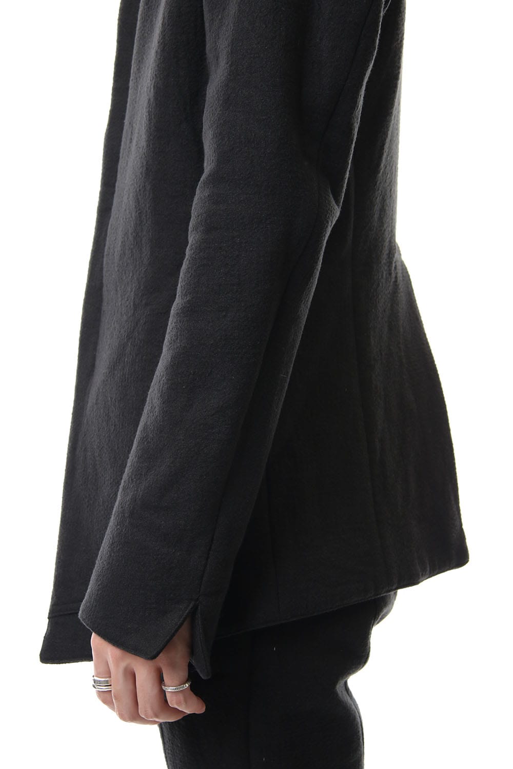 Hand dyed linen x Fleece needle punch High neck jacket Black - ST104-0049A