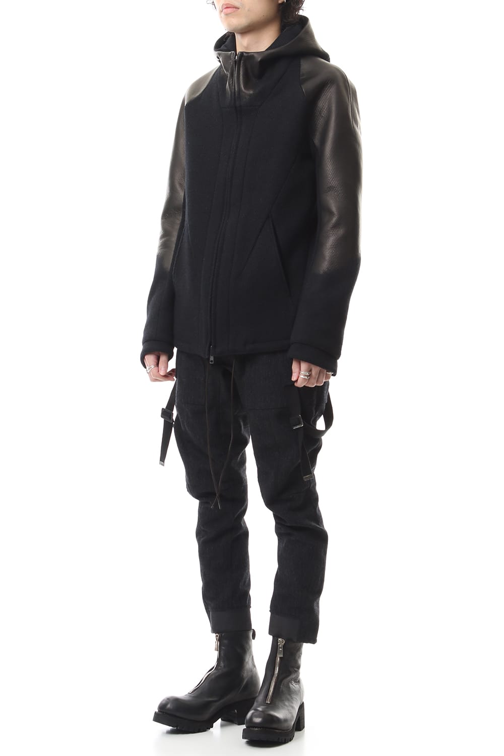 Leather needle punch Hooded jacket - ST104-0059A