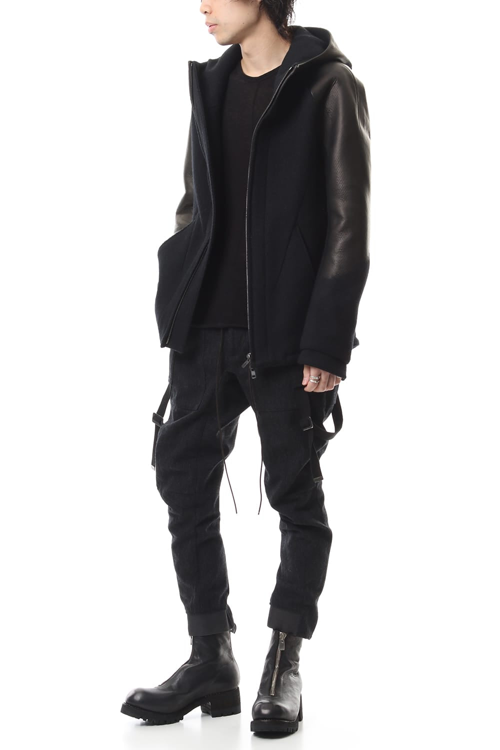 Leather needle punch Hooded jacket - ST104-0059A