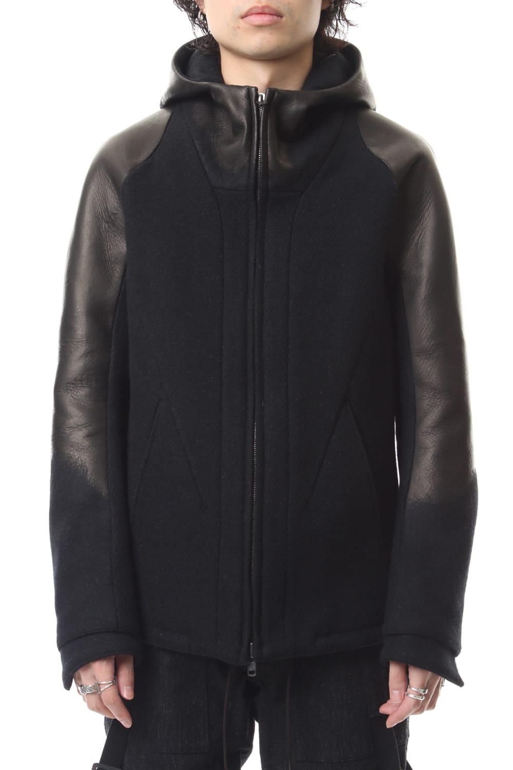 Leather needle punch Hooded jacket - ST104-0059A