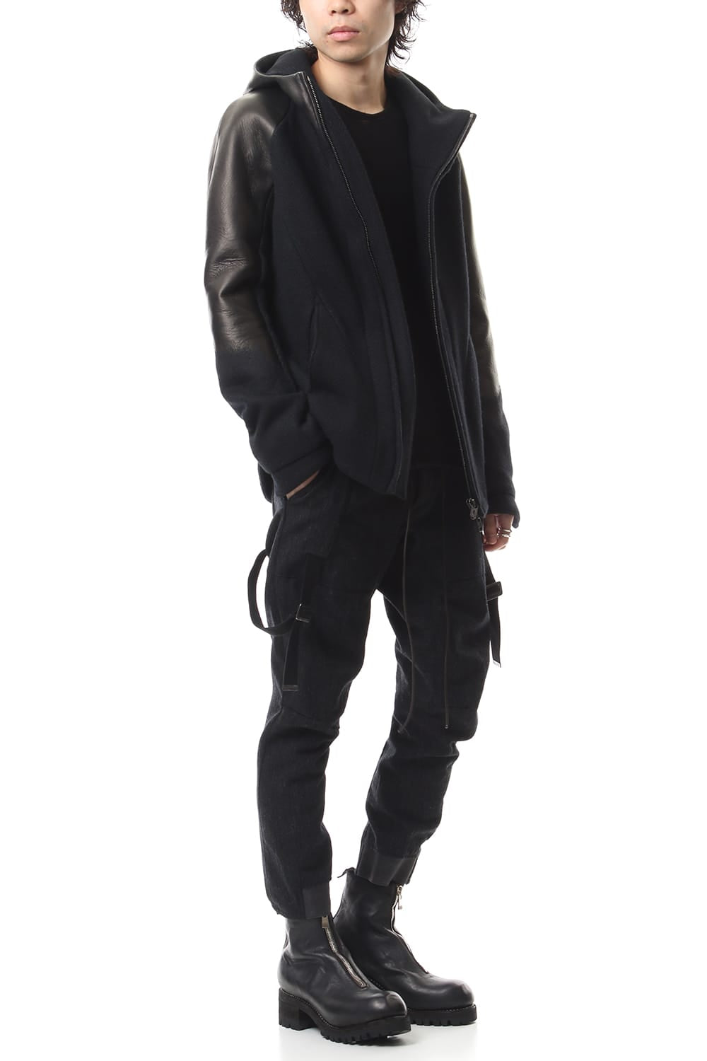 Leather needle punch Hooded jacket - ST104-0059A