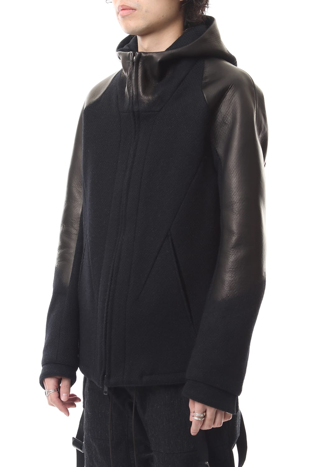 Leather needle punch Hooded jacket - ST104-0059A