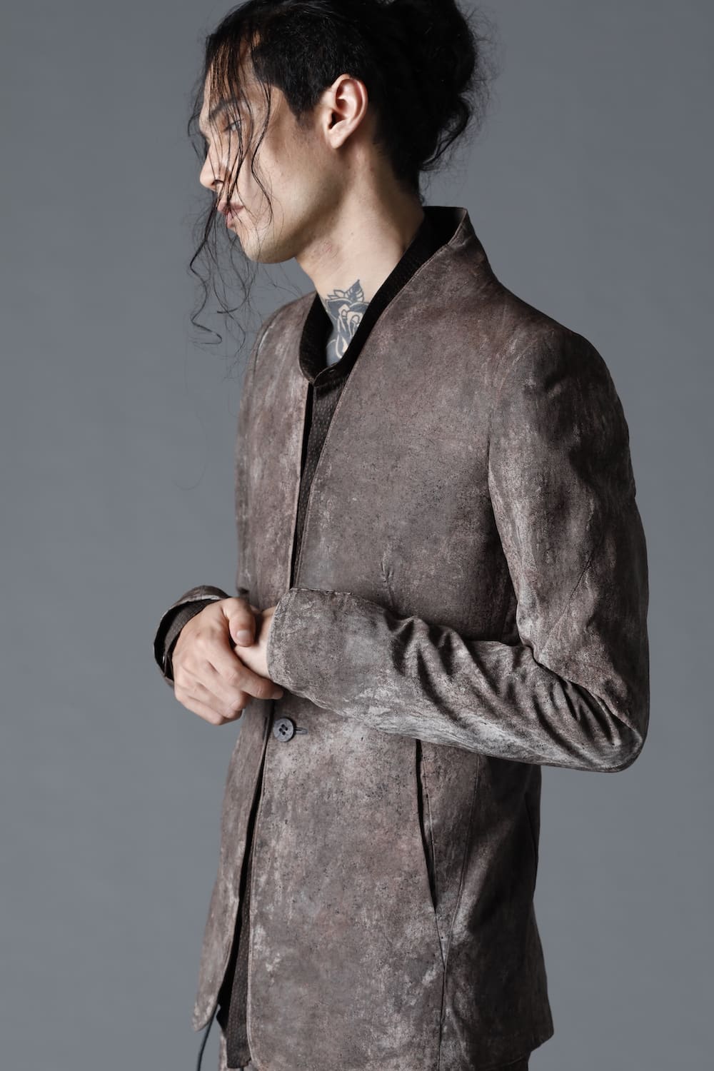 Wood Tannin＆Iron Oxide Dyed Dimple Dobby Tailored Jacket  Charcoal Mix