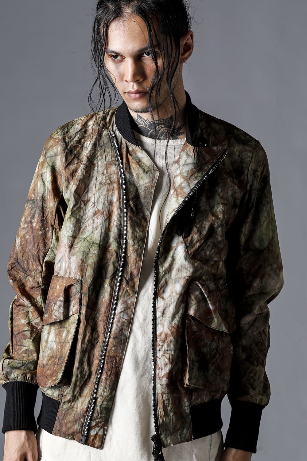 Uneven Dyed Nylon Ox Bomber Jacket Stream Sand