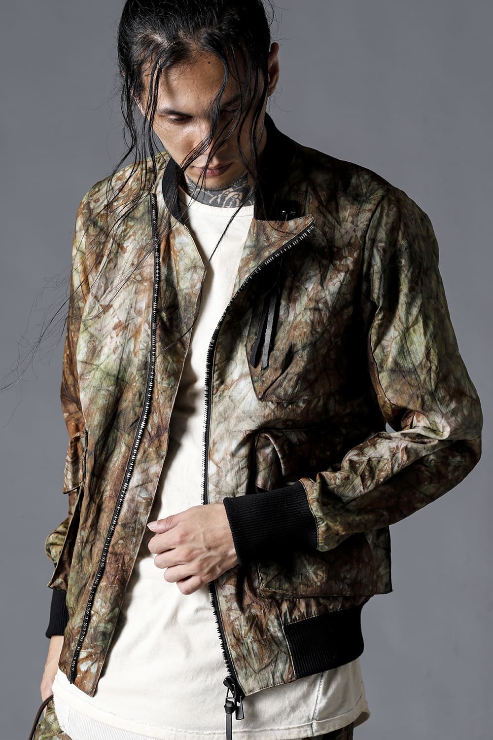 Uneven Dyed Nylon Ox Bomber Jacket Stream Sand