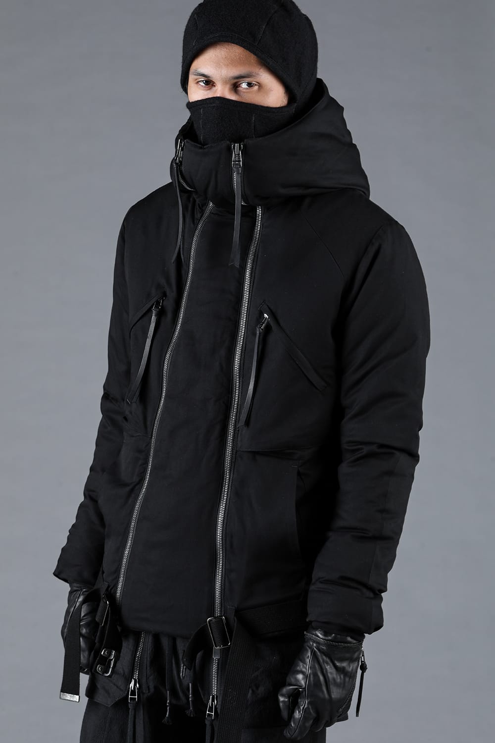 レーヨンツイルWジップフーデッドダウンジャケット ブラック