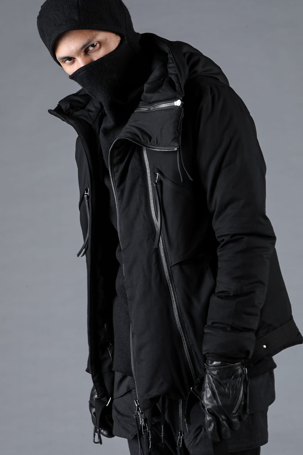 レーヨンツイルWジップフーデッドダウンジャケット ブラック