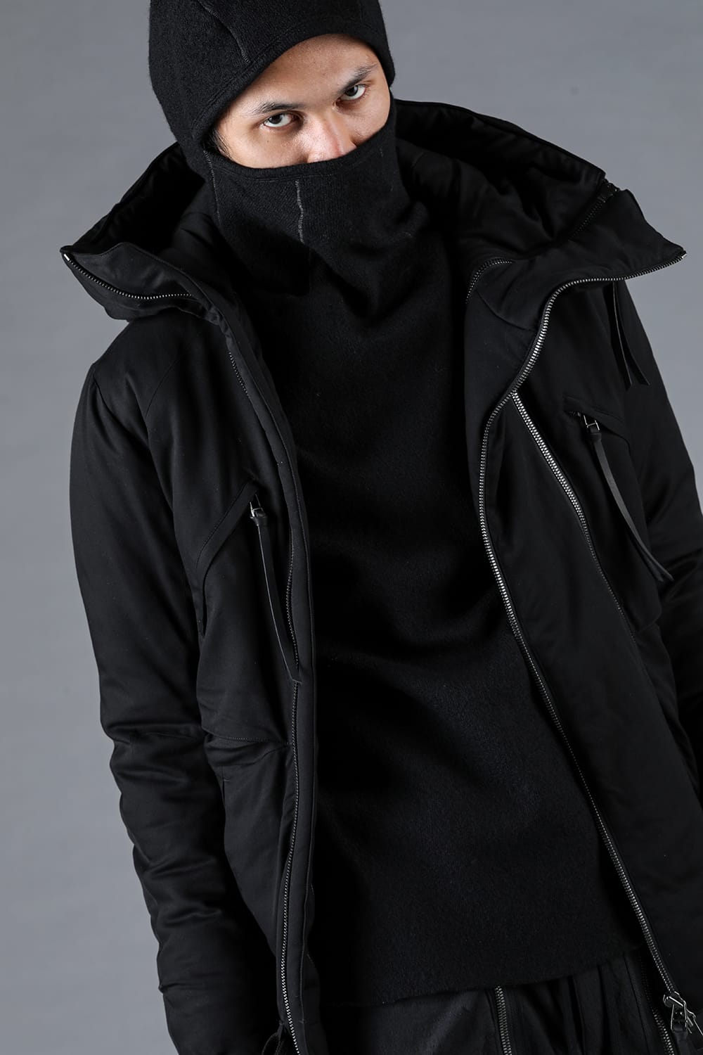 レーヨンツイルWジップフーデッドダウンジャケット ブラック