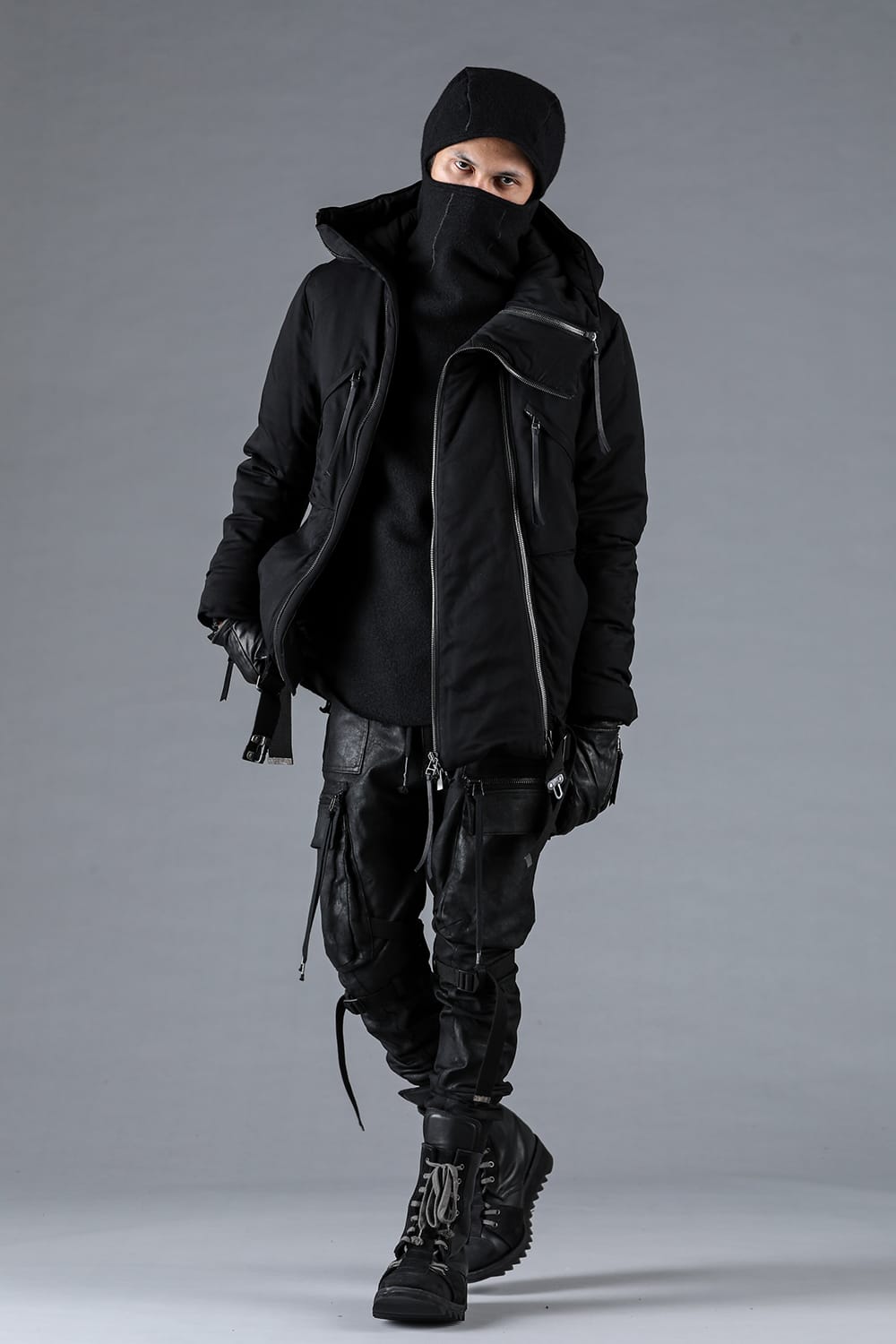 レーヨンツイルWジップフーデッドダウンジャケット ブラック