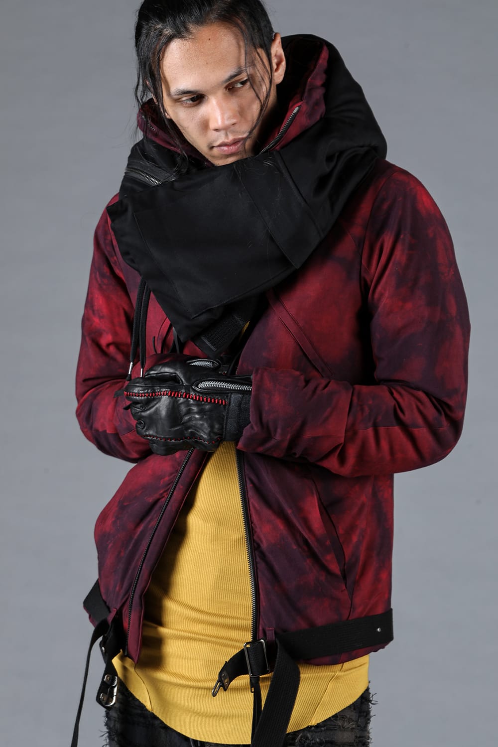 Rayon Twill W Zip Hooded Down Jacket Red