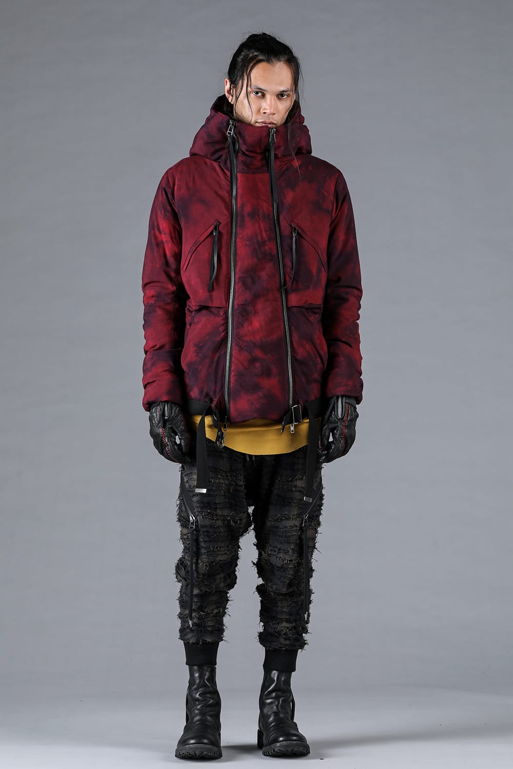 Rayon Twill W Zip Hooded Down Jacket Red