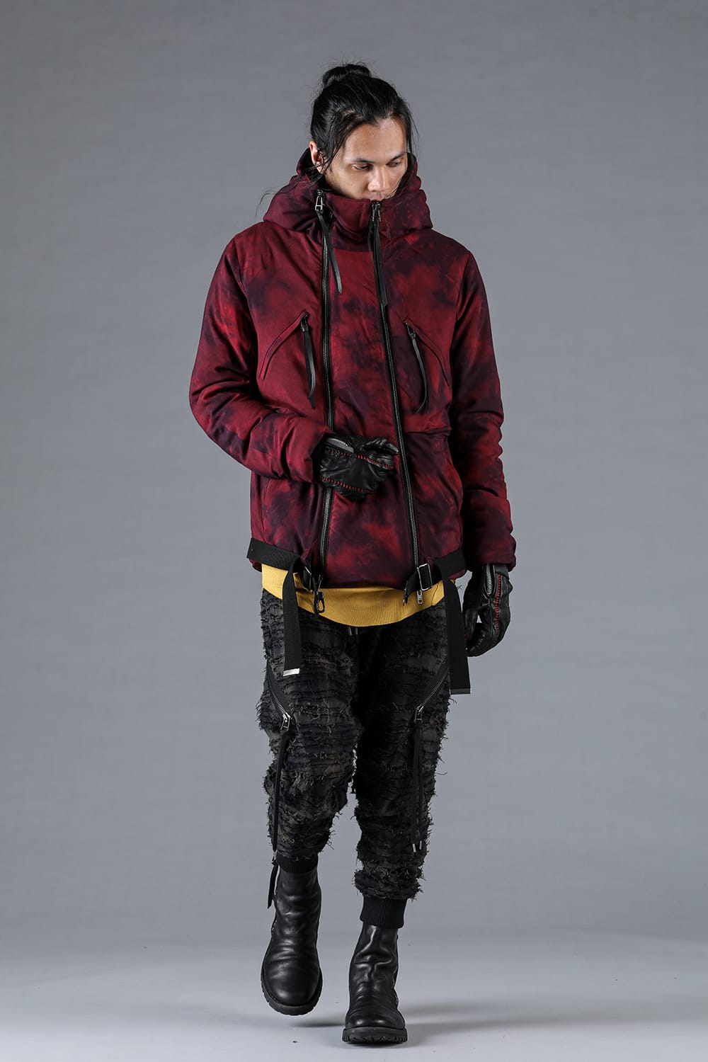 Rayon Twill W Zip Hooded Down Jacket Red