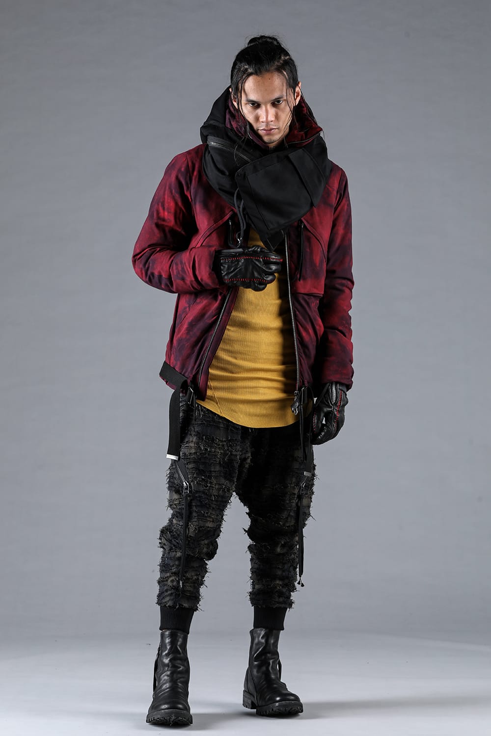 Rayon Twill W Zip Hooded Down Jacket Red