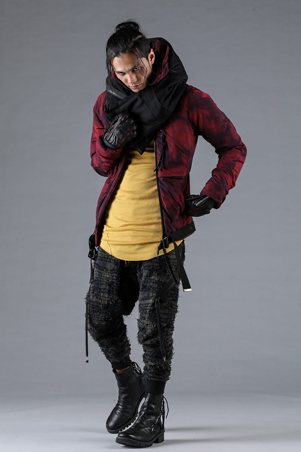 Rayon Twill W Zip Hooded Down Jacket Red