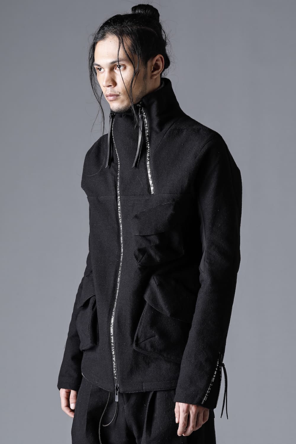 Wool Gauze and Cotton Needle Punch High Neck Jacket