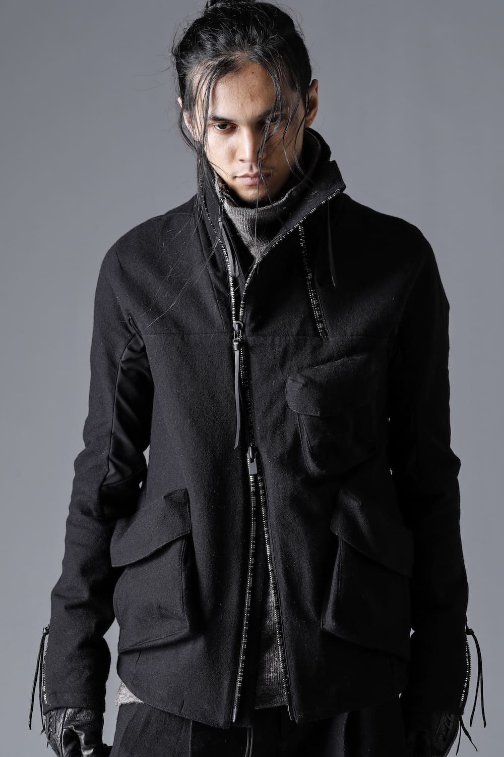 Wool Gauze and Cotton Needle Punch High Neck Jacket