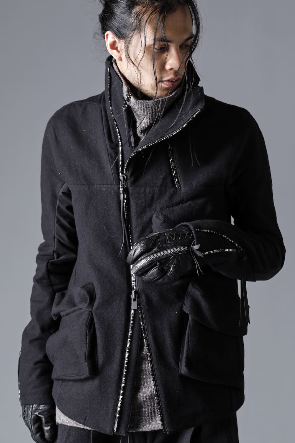 Wool Gauze and Cotton Needle Punch High Neck Jacket