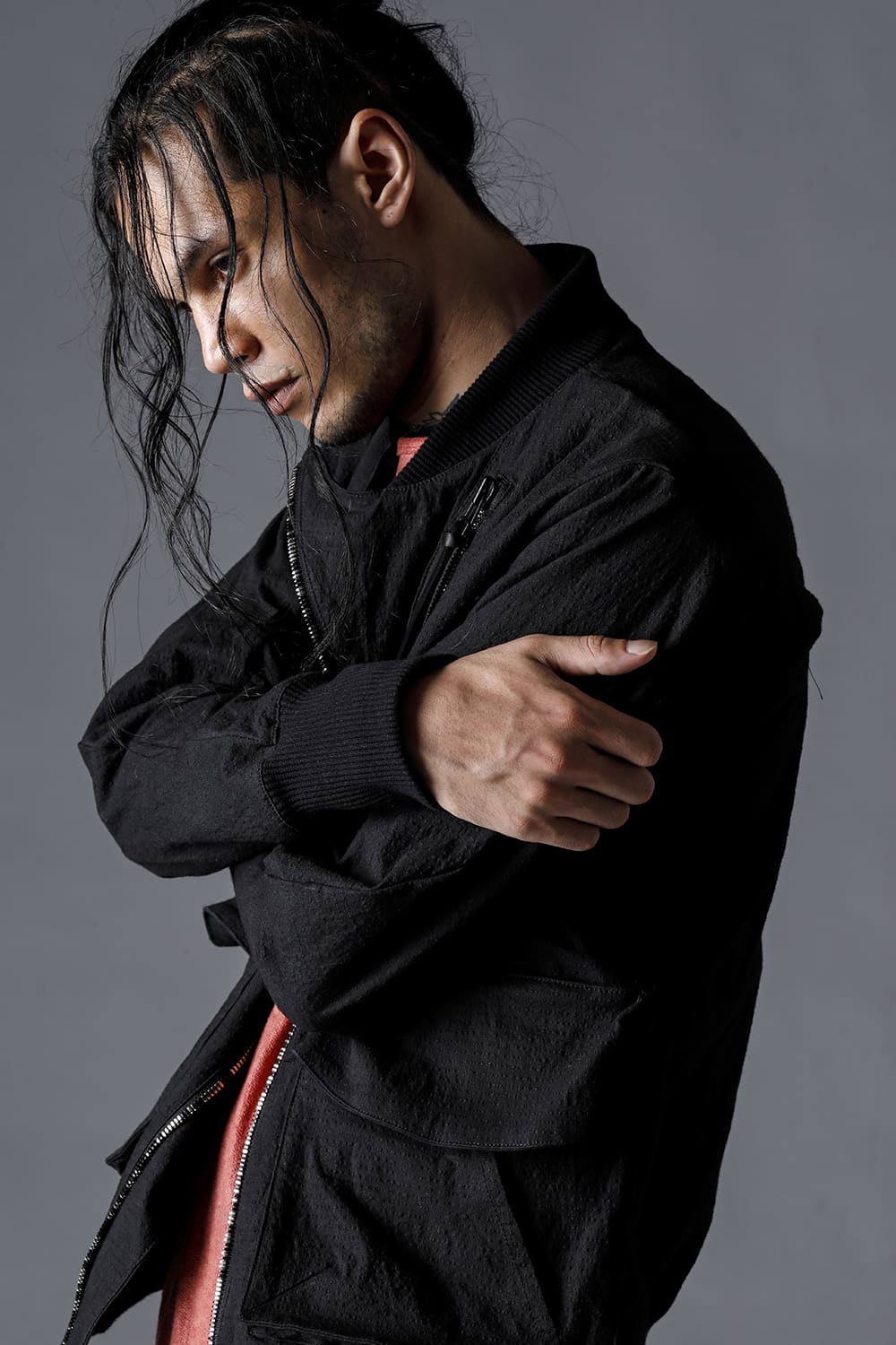 Dimple Washer Cotton Stretch Ripstop Bomber Jacket Black